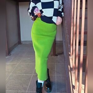 Vibrant Matcha Green Ribbed Midi Skirt